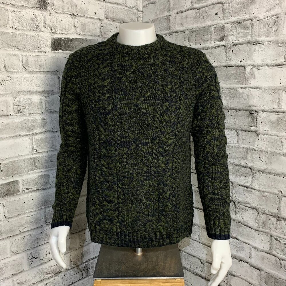 Vintage 90s Cable Knit Fisherman Chunky Sweater Large Black Olive Green Preppy